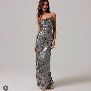 Line and Dot Cache Sequin Dress in Gunmetal